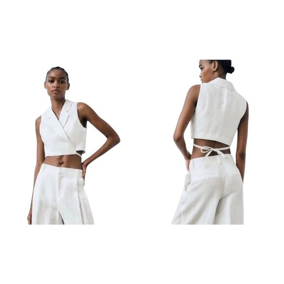 Zara Linen Blend Tailored Vest in Oyster White, Size XS - Picture 2 of 9